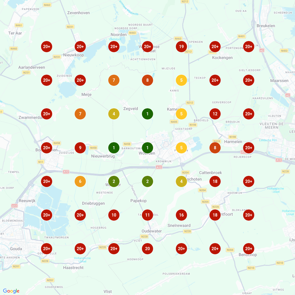 Lokale ranking-grid voor het zoekwoord "schilder" in het werkgebied van RN Schilders, met groene, gele, oranje en rode dots per gemeente.